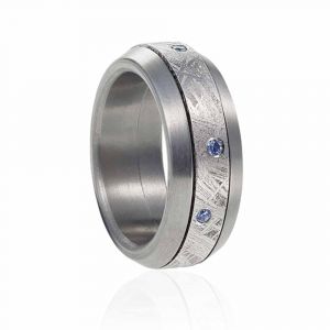 Meteorite Yogo sapphires and steel ring