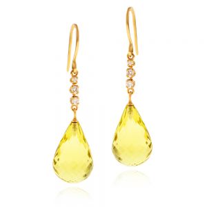 Lemon quartz earrings, briolette-cut and diamonds